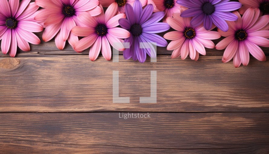 Beautiful flowers on wooden background. Top view with copy space.