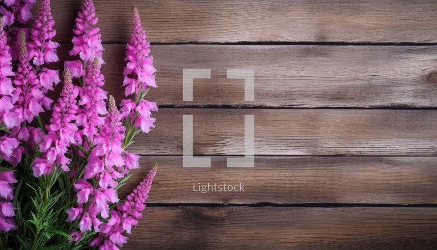 Purple flowers on a wooden background. Place for your text.