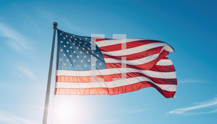 American flag waving in the wind on blue sky background. 3d rendering