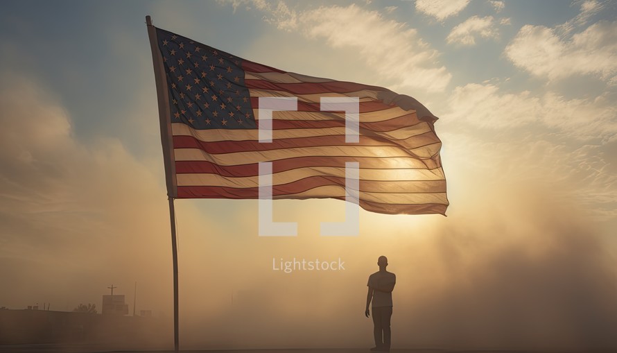 American flag waving in the wind with a silhouette of a man in a suit.