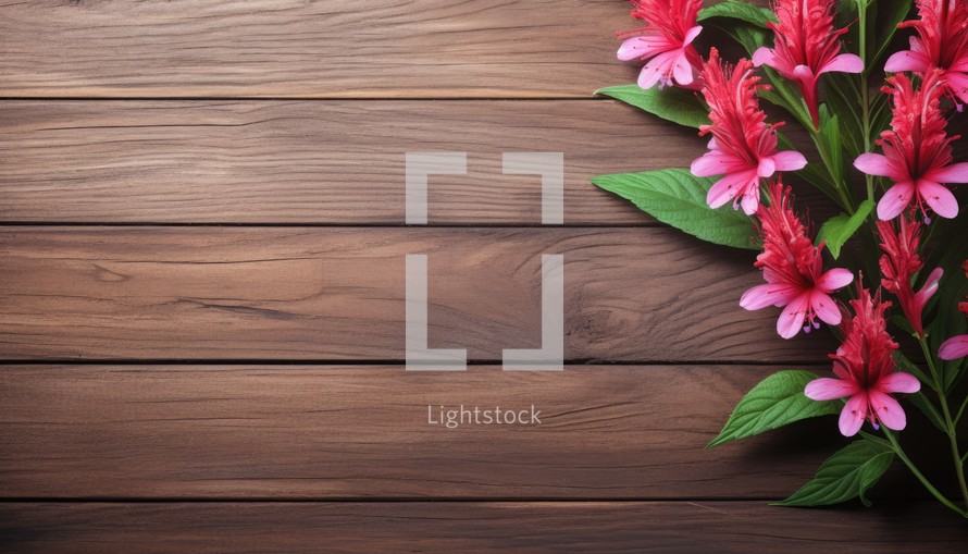 Pink flowers on brown wooden background. Top view with copy space.