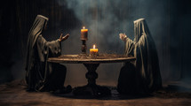 Men in veils praying with candles
