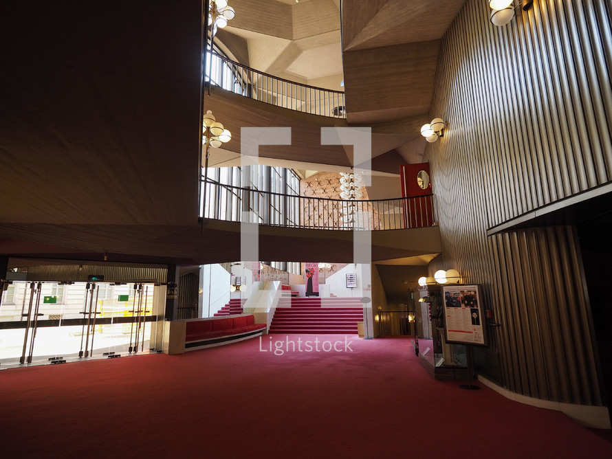 TURIN, ITALY - CIRCA JUNE 2019: Foyer of Teatro Regio (meaning Royal Theatre) designed by architect Carlo Mollino in the sixties
