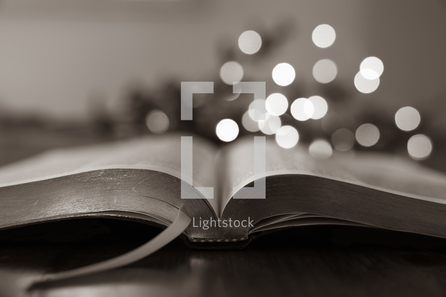 bokeh lights and open Bible 