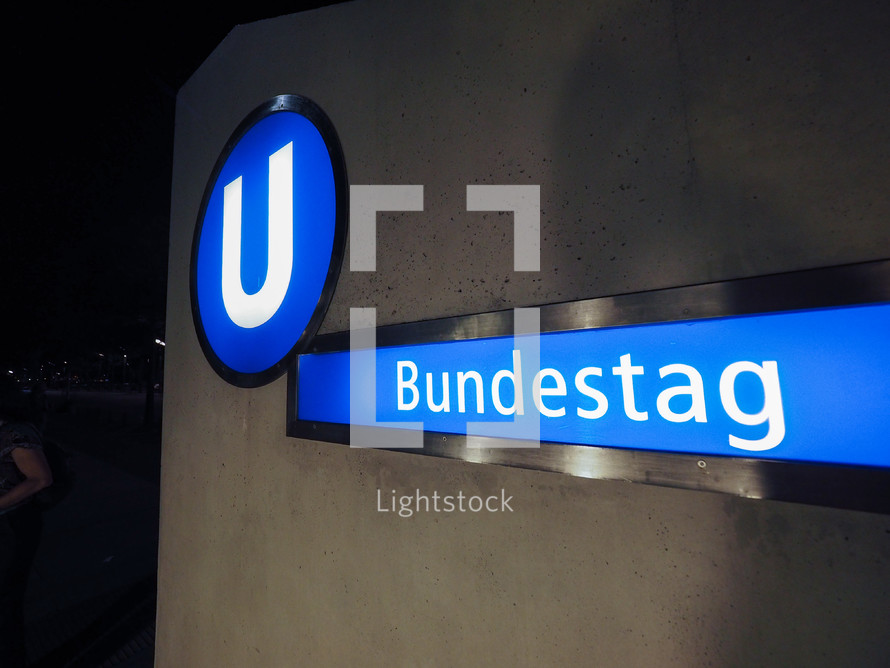 BERLIN, GERMANY - CIRCA JUNE 2019: U Bundestag subway station sign