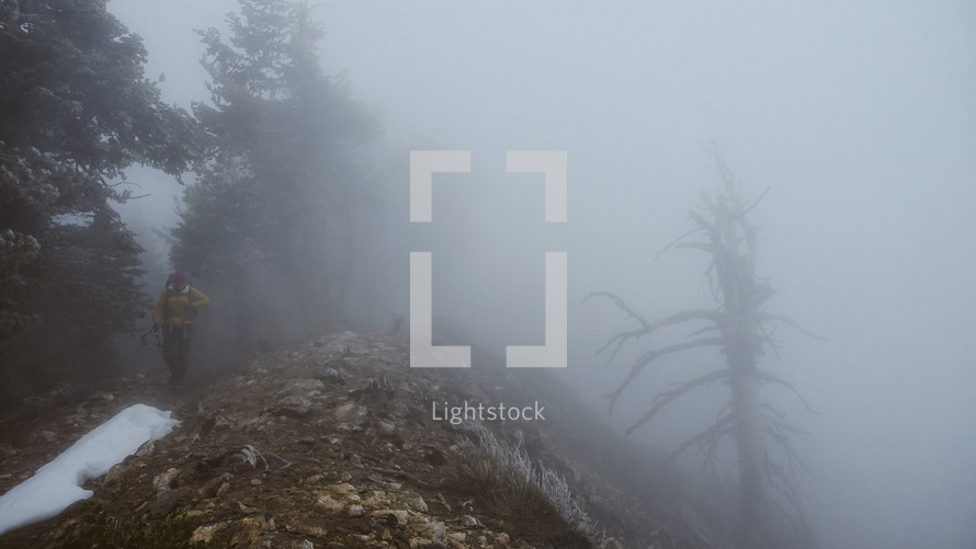 person hiking a foggy mountainside forest