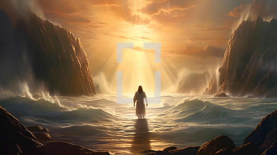 Jesus standing in water at sunset