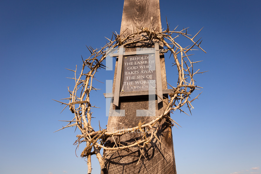 Crown of thorns surrounding plaque of John 1:29 Bible Verse on wooden cross
