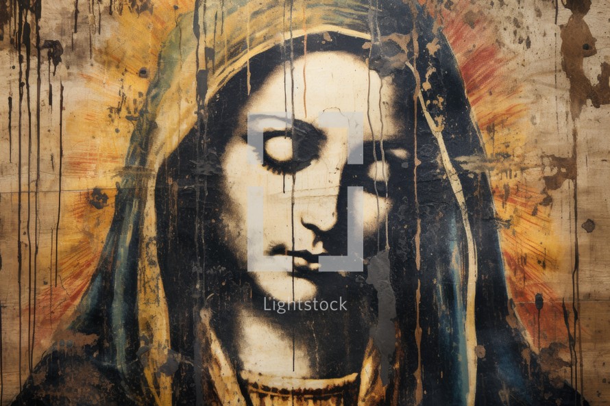 Close-up of the face of the Mother Mary on a textured background