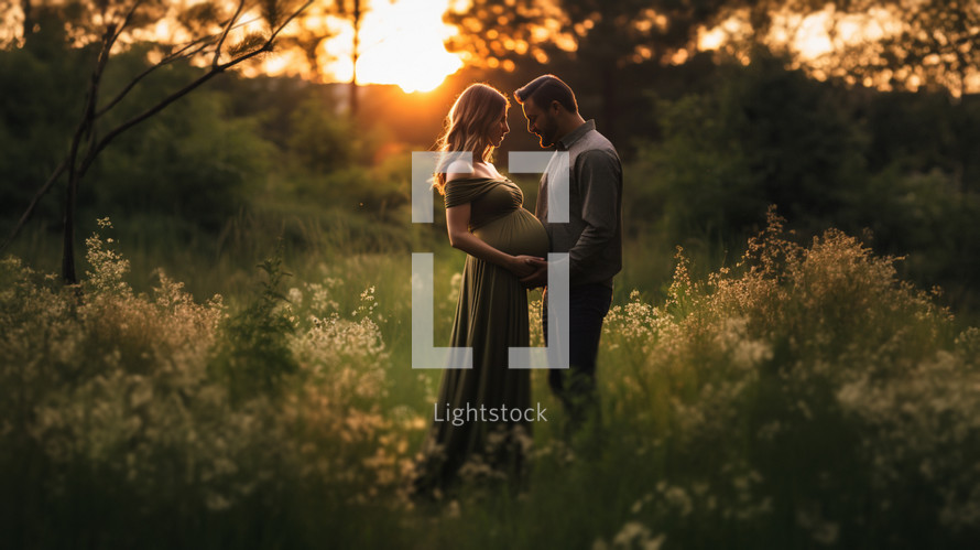 A maternity couple standing on a green and blooming meadow in a forest during sunset,