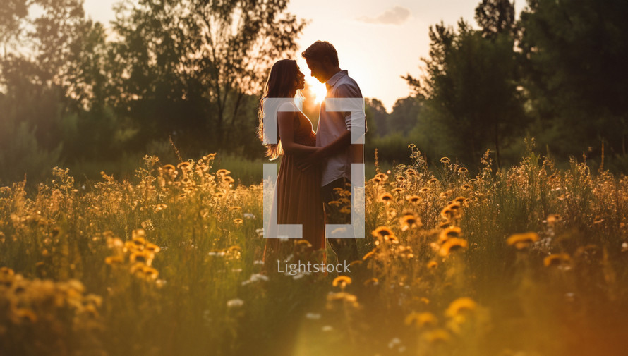 A maternity couple standing on a green and blooming meadow on the edge of a forest during sunset.