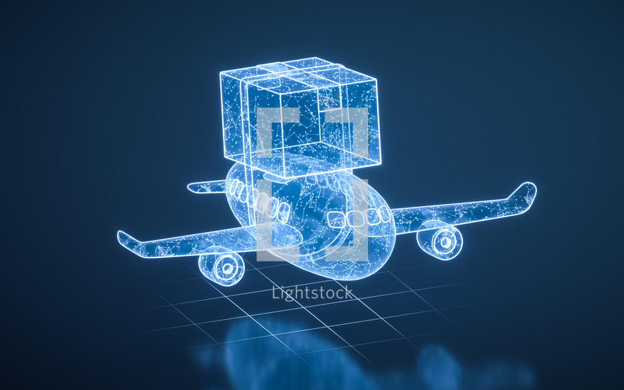 Plane and cargo with blue technology structure, 3d rendering.