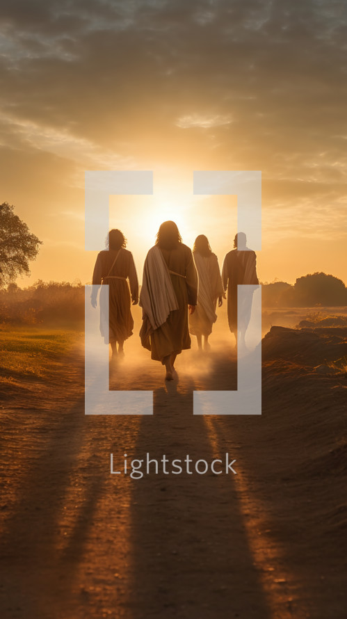 Jesus walking with his disciples into the sunset.