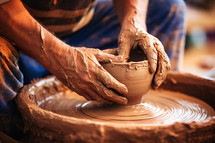 Hands scuplting the pottery