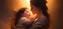 Maternity. Illustration. Beautiful young mother with her daughter in the rays of light.