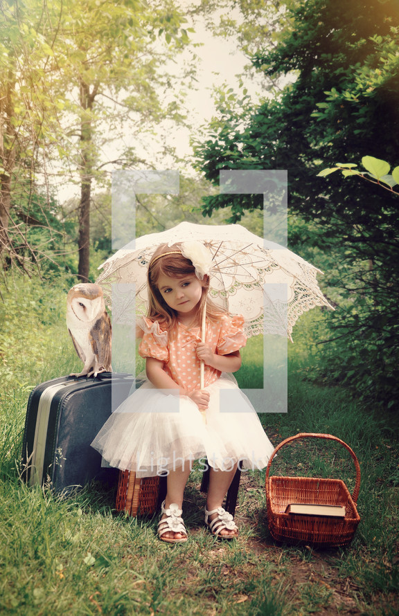 A girl with an umbrella and suitcases and an owl in a forest 