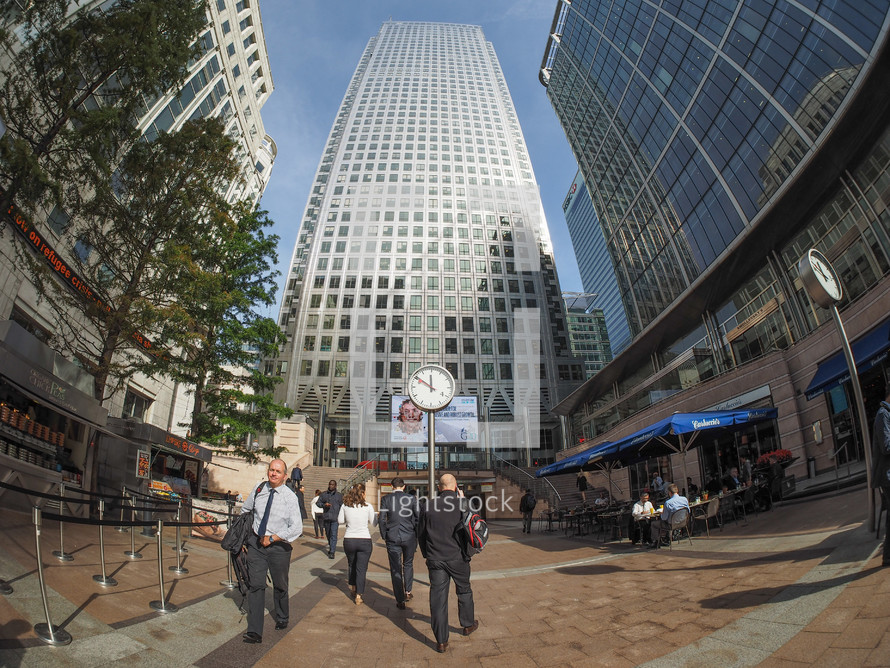 LONDON, UK - SEPTEMBER 29, 2015: The Canary Wharf business centre is the largest business district in the United Kingdom seen with fisheye lens