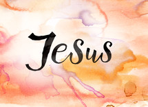 The word, "Jesus," on a watercolor  background.