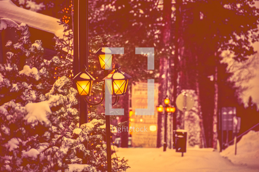 street lamp in the snow 