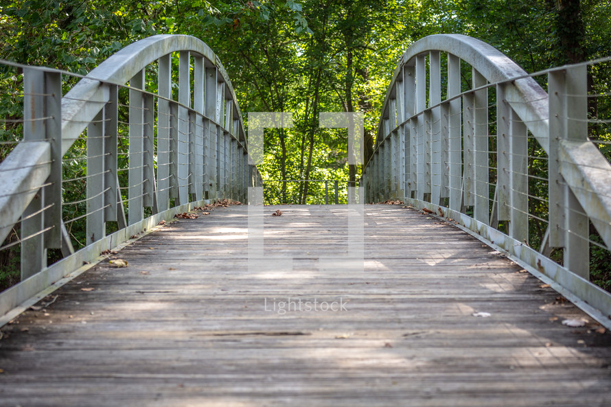 Wooden and metal footbridge through the woods