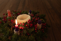 one, 1, advent candles in an advent wreath 