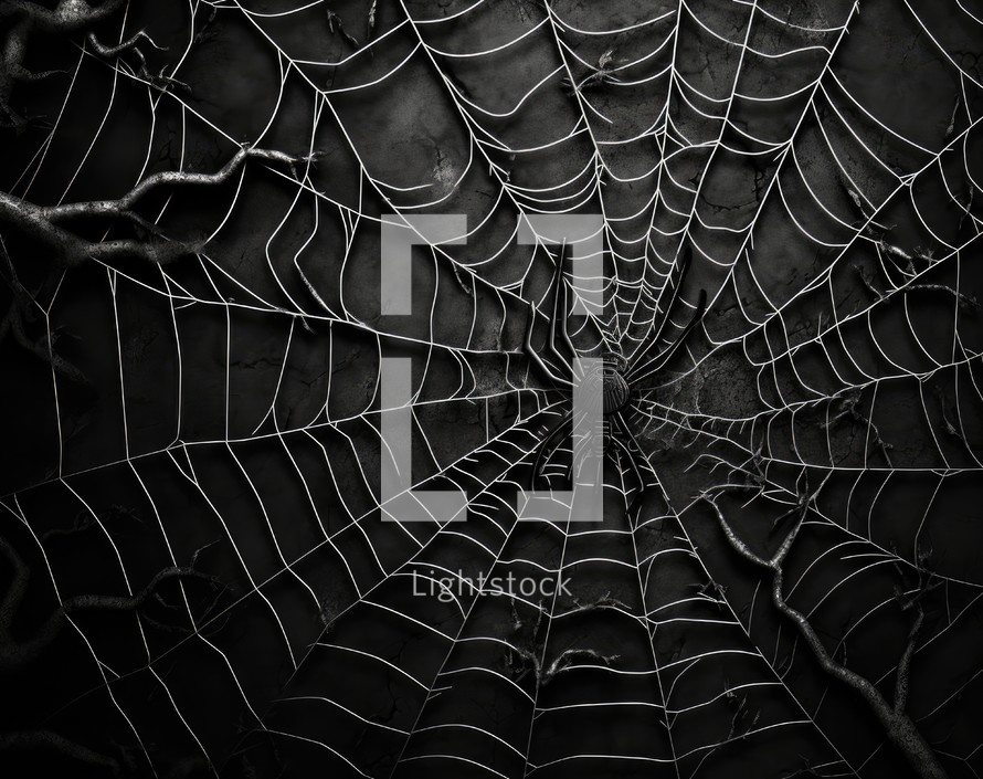 spider web on dark background, black and white color tone.