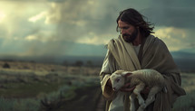 Jesus carrying a wounded lamb walking down a road