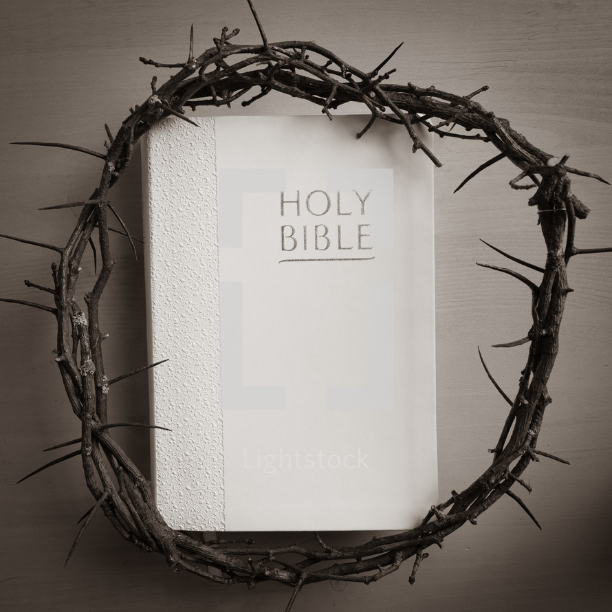 Holy bible and crown of thorns.