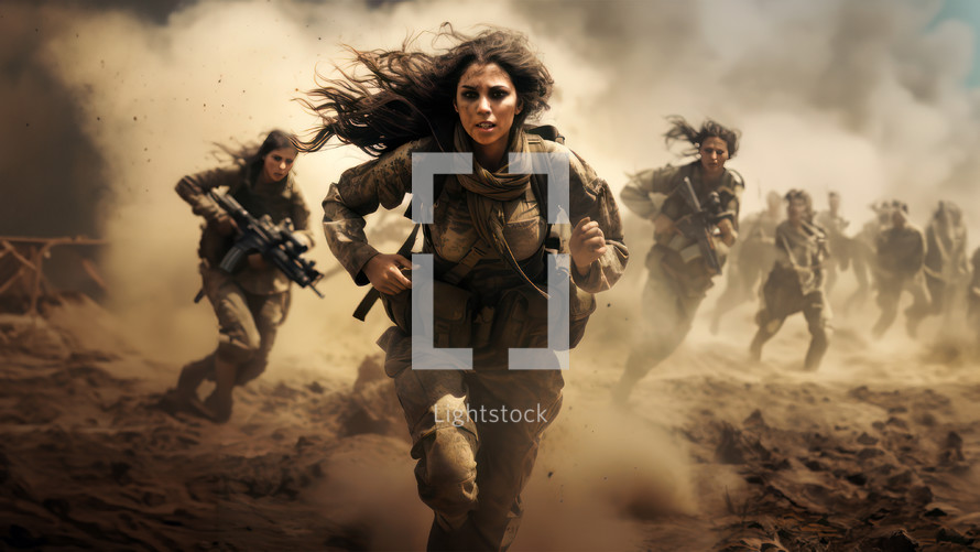 A group of women fighting in an armed conflict. War and Revolution concept