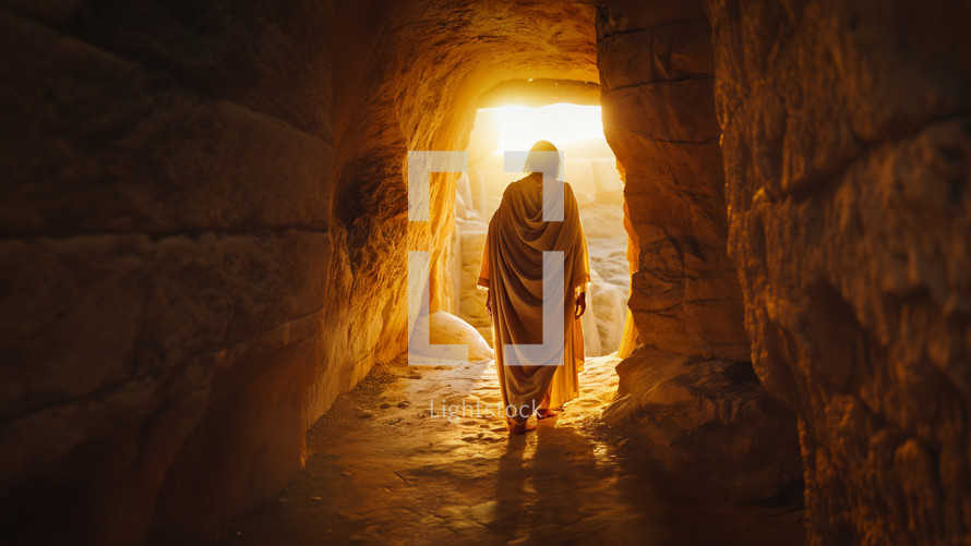 Jesus walks out of the tomb. He is risen. The Passover story