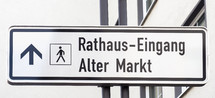 Rathaus Eingang (meaning Town Hall Entrance), Alter Markt (meaning Old Market) sign in Koeln, Germany