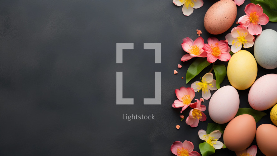 Easter eggs and flowers with copy space
