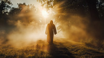 Jesus walking through the morning fog in the garden. Beginning his ministry. A story of pass-over