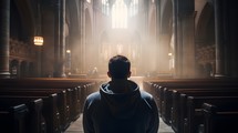 Man praying in church sunlight