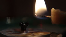Lighting a candle. Extreme close-up.