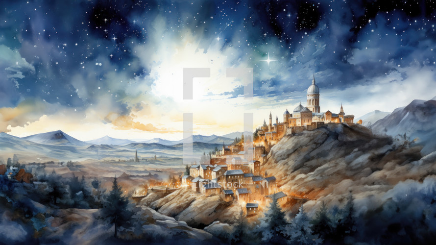 A Hilltop town with Medieval architecture at Christmas time with Dawn light. A cover for Christmas cards with greetings and well wishes. 