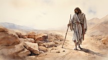 Jesus walking on path in desert