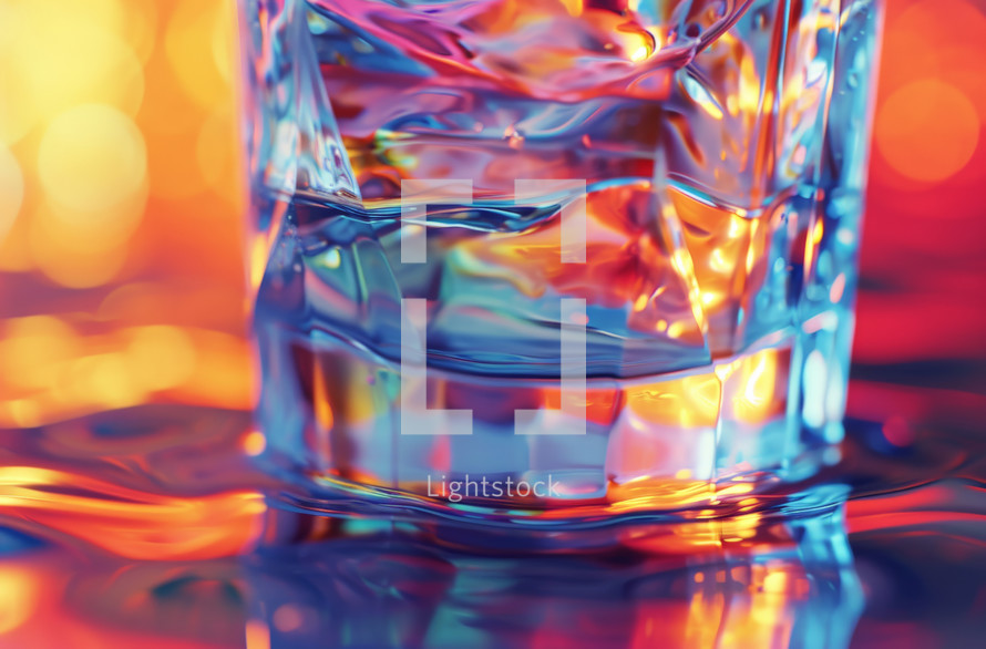 Details of colorful water in a glass. Standing on the surface of the water, 