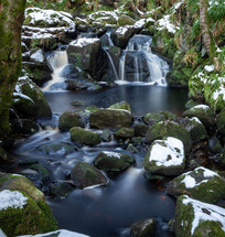 Snow on Waterfall in the Glencree River in Winter, County Wicklow, Ireland