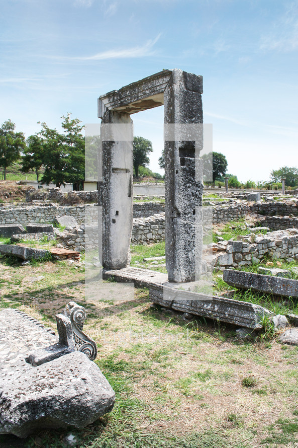 Philippi City Library. These ruins from Ancient Philippi mark the doorway to the library in Philippi. This city was visited by St. Paul as recorded in Acts 16 of the Bible. These ancient ruins contain ruins from the Greek and Roman time period.