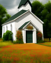 AI illustration of a small church building in a field of flowers