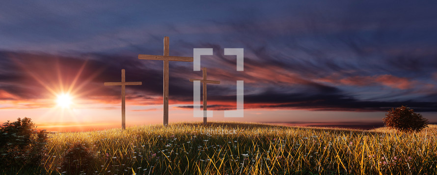 Resurrection and three crosses at sunrise 