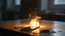 A smart phone on fire in a kitchen. 
