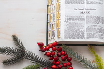 Catholic Bible opened to the Gospel of Mark at Christmas 