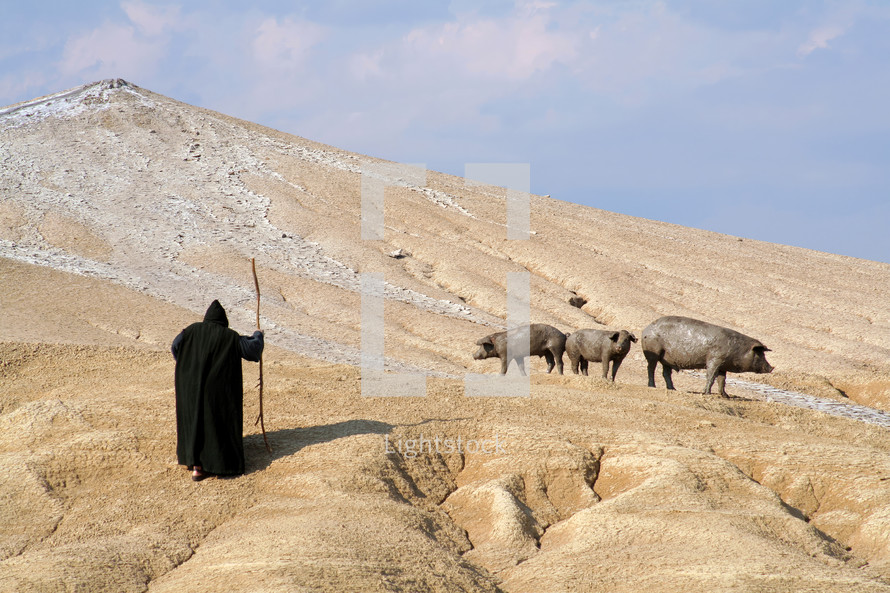 Man in a black cloak with three pigs in the desert.
