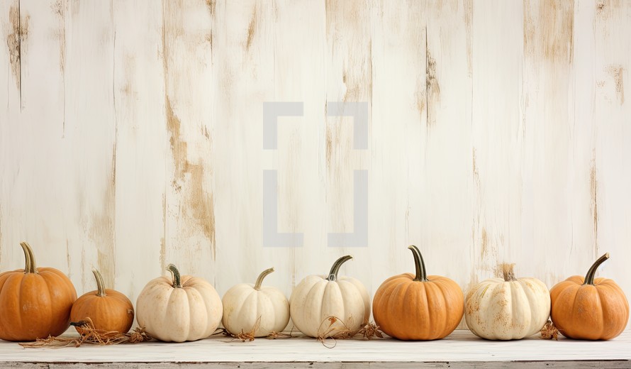 Pumpkins on a white wooden shelf against a rustic background