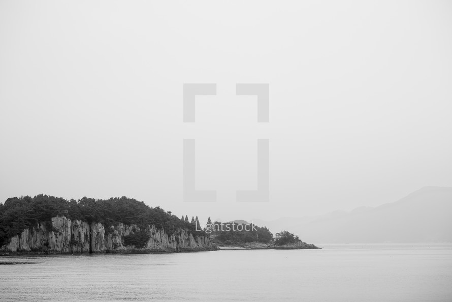 black and white landscape of islands off the coast of South Korea