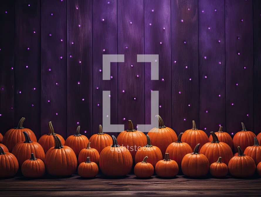 Halloween background with pumpkins on wooden planks and purple lights