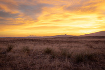 Vivid yellow sunrise over dry grassy plains with distant mountains 
