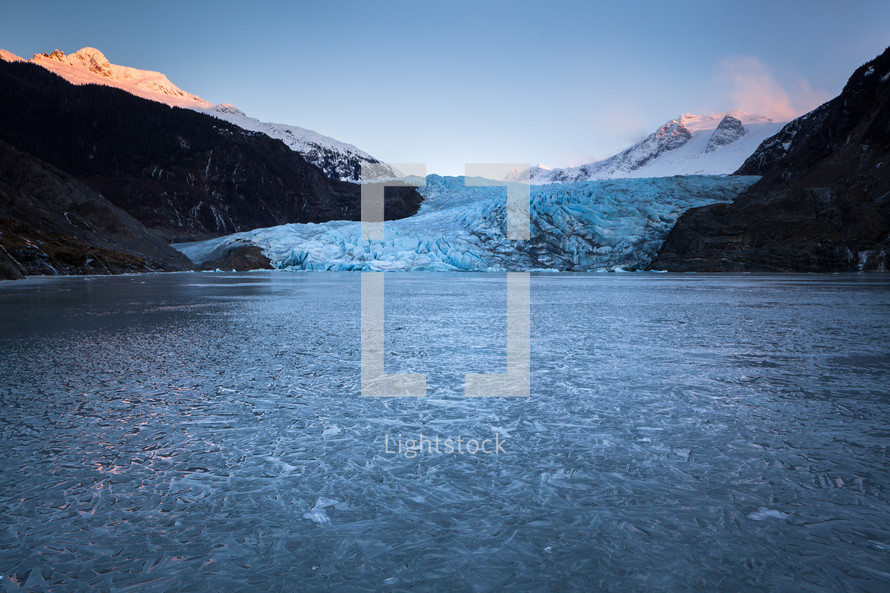 Frozen lake and ice textures in front of the Mendenhall Glacier.